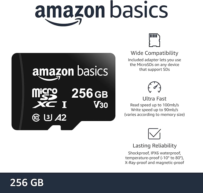 Amazon Basics Micro SDXC Memory Card with Full Size Adapter, A2, U3, Read Speed up to 100 MB/s, 256 GB, Black