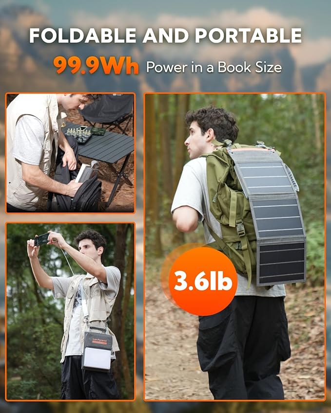 Lumopal Portable Solar Charger 99.9 Wh Battery Bank Equipped with 24W Foldable Solar Panels and 600 Lumen Adjustable LED Camping Light, 65W PD USB-C, 22W QC3.0 USB A Output for Outdoor