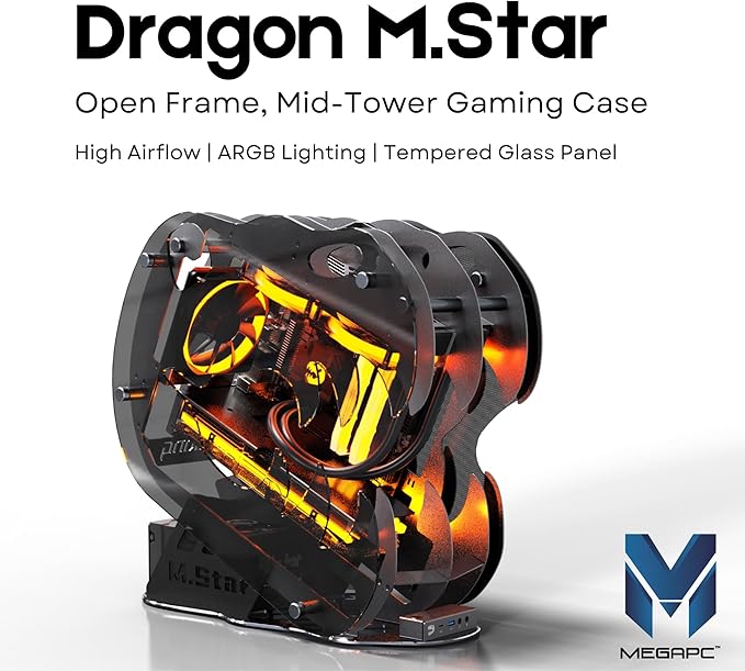 MegaPC Upgraded Open-Frame Mid-Tower Micro-ATX/Mini-ITX Gaming PC Case, Tempered Glass Side Panel, Pre-Installed ARGB PWM Fan, with USB3.0, USB-C, 240mm Radiator Support (Black)