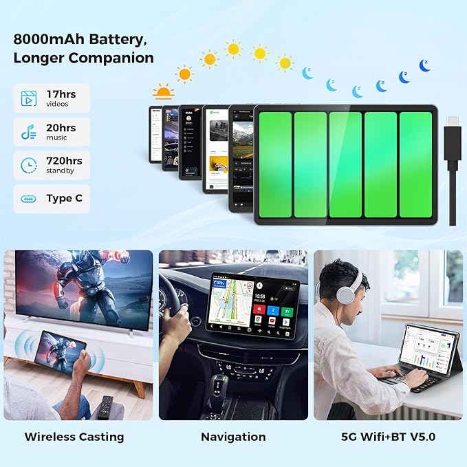 Android Tablet with Keyboard, Android 15 Tablet 10 inch with 24GB+128GB, 1TB Expand, 8-Core, 8000mAh, 5G WiFi, Widevine L1, GMS, with Case, Keyboard, Mouse, Stylus(Black)