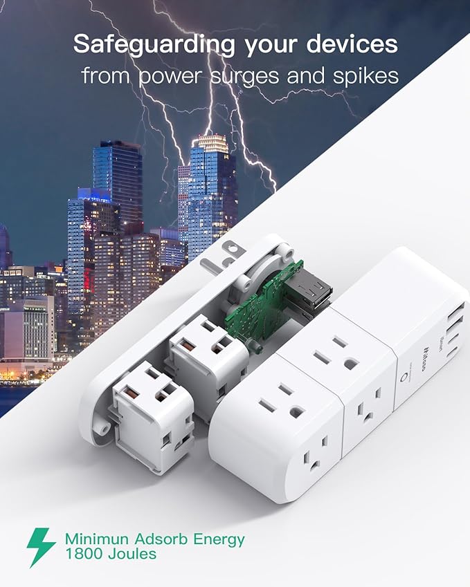 Surge Protector Outlet Extender with Rotating Plug, 6 AC Multi Plug Wall Outlets and 4 USB Ports, 1800 Joules, Swivel Power Strip Electrical Splitter for Home Decor Apartment Dorm Room Essentials