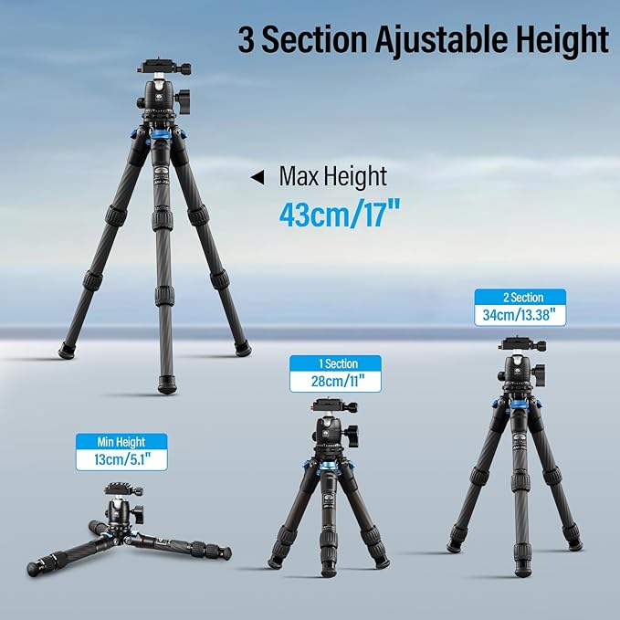 SIRUI Carbon Fiber Travel Tripod with 360° B-00K Arca-Swiss Ballhead, Mini Desktop Tripod for Mirrorless Cameras, Folded Height 12.1", Max Height 16.6″
