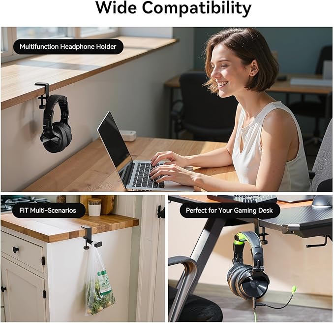 OneOdio MTL99 Foldable Headphone Stand, Metal Headset Holder Space-Saving Table Hook, Clamp-on Under Desk Hanger, Universal Fit Gaming Headphones Mount, Black