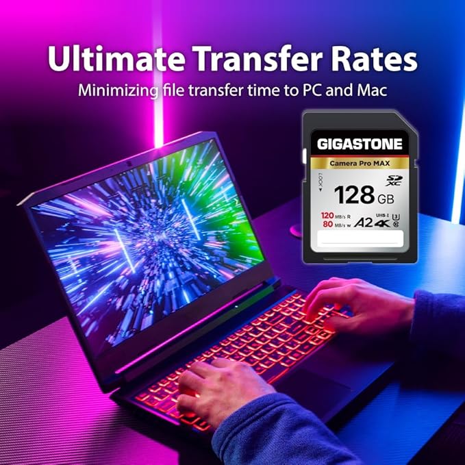 [5-Yrs Free Data Recovery] GIGASTONE 128GB SD Card, 4K Camera Pro MAX, A2 4K SDXC Memory Card High Speed 4K UHD Video Compatible with Canon Kodak Digital Camera, with 1 Mini case