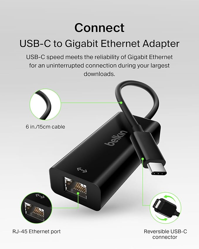 Belkin USB-C to Ethernet Adapter, Gigabit Ethernet Port Compatible w/ USB-C Devices, USB-C to Ethernet Cable for MacBook Pro & Dell XPS 13” Laptops, Ethernet USB-C Hub, Ethernet USB-C Adapter - Black
