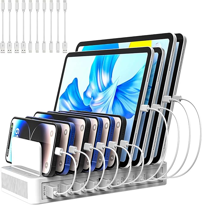Charging Station for Multiple Devices, 100W 10 Ports Flat Plug Charging Dock with 10 Cables Smart IC Tech and Adjustable Dividers Type-C，Multi USB Charger for iPhone Galaxy iPad Tablet，White