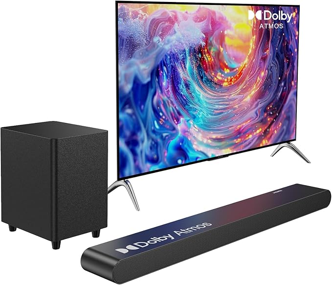 3.1CH Dolby Atmos Soundbar for Smart TV, 390w Virtual Atomos Surround Sound & Wired Subwoofer, 4K HDR Passthrough, HDMI/eARC Home Theater System