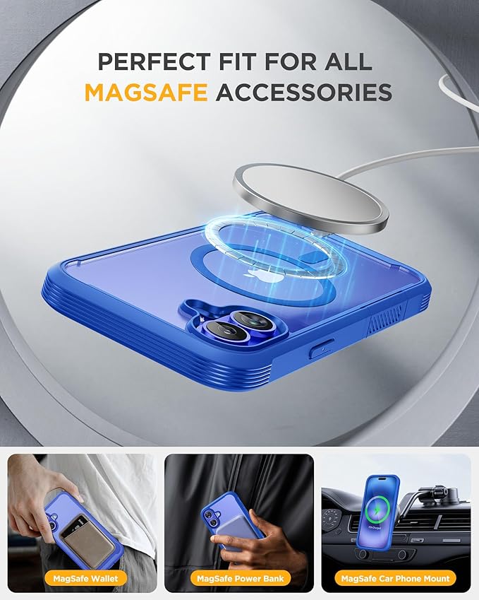 Miracase for iPhone 16 Case 6.1'', [Bubble Free] Full-Body Bumper Phone case with Built-in Full Glass Screen &Lens Protector,No Gap,Compatible with MagSafe,Drop Proof 16 Cover,Blue