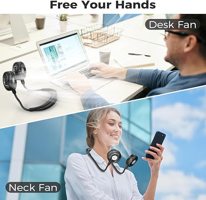 COMLIFE Portable Neck Fan, 5000mAh Rechargeable Battery Powered, 3 Speeds, 360°Adjustable, Double Cooling, Hands-Free Personal Wearable USB Neckband Fan for Home Office Outdoor Travel Sports