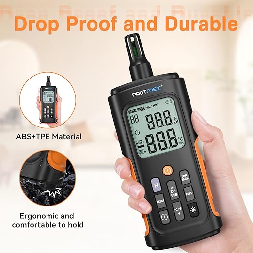YT606 Temperature Humidity Meter High Precision Digital Hygrometer with Ambient, Relative Humidity, Dew Point, Wet Bulb Thermometer for Indoor Outdoor, Digital Thermometer Min/Max Hold, LCD Backlight