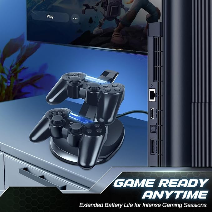 TNP Compatible with PS3 Controller Charger Stand for Sony Playstation 3 Controller compatible with Dualshock 3 Charging, 2 Tier Docking Station Stand and 2 USB PS3 Cable ports with LED Indicators