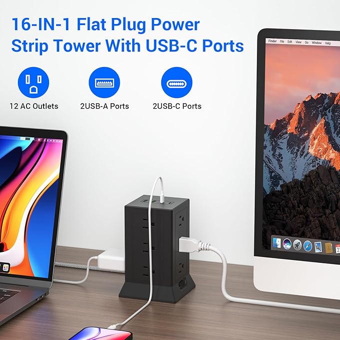Power Strip Tower with Multiple Outlets, 10 Ft Extension Cord Flat Plug with 12 AC Outlets 4 USB Ports (2 USB C), Power Tower Surge Protector with Individual Switches for Home Office Dorm Room, Black