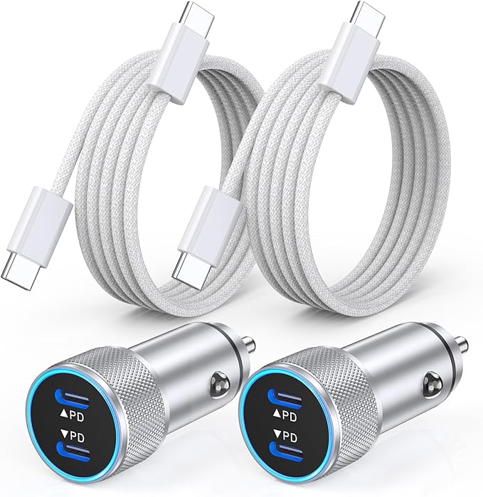 iPhone 16 Car Charger,2Pack Dual Port USB C Fast Car Charger Type C Rapid Charging Adapter with 2Pack USB C to C Nylon Braid Cable Woven Cord Fast Charging for iPhone 16/16 Pro/15/15 Pro Max/iPad
