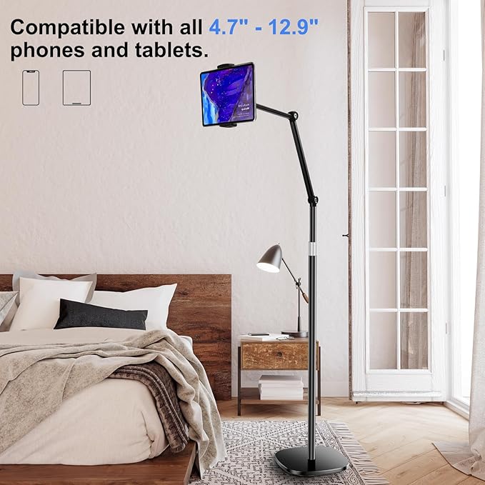OATSBASF Tablet Floor Stand, Overhead Bed Phone Mount, Height & 360 Degree Angle Adjustable Universal Metal Tablet Holder Compatible with iPad, Samsung Galaxy Tab, iPhone, Kindle, 4.7-12.9" (Black)