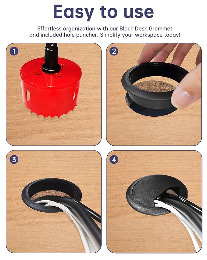 Desk Grommet & Cable Grommet 2 Inch (10 Pack) - Black Desk Hole Cover with Hole Saw - Cable Management Kit for Office, TV Stand, Workstation - Hide Wires Behind Wall, Cable Pass Through (50mm)