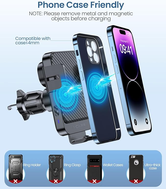 Wireless Car Charger, MOKPR 15W Fast Charging Auto-Clamping Car Mount Universal Hands-Free Car Charger Mount for Dash Windshield Air Vent Compatible with iPhone 15/14/13/12, Samsung S23/S22/S21 Black