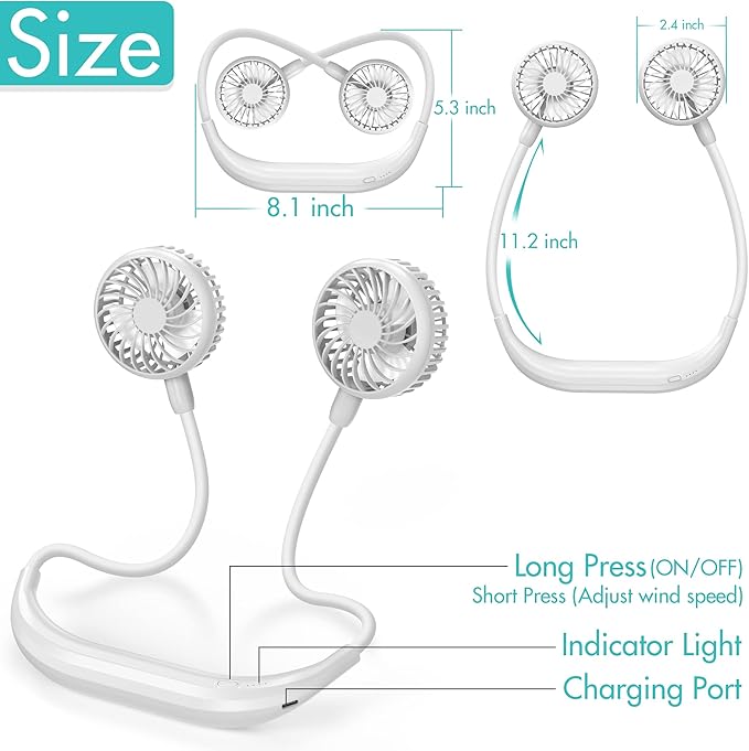 Portable Neck Fan, 2600mAh Battery Operated Ultra Quiet Hands Free USB Fan with 3 Speeds, Strong Wind, 360° Adjustable High Flexibility Wearable Personal Fan for Home Office Outdoor Travel (White)