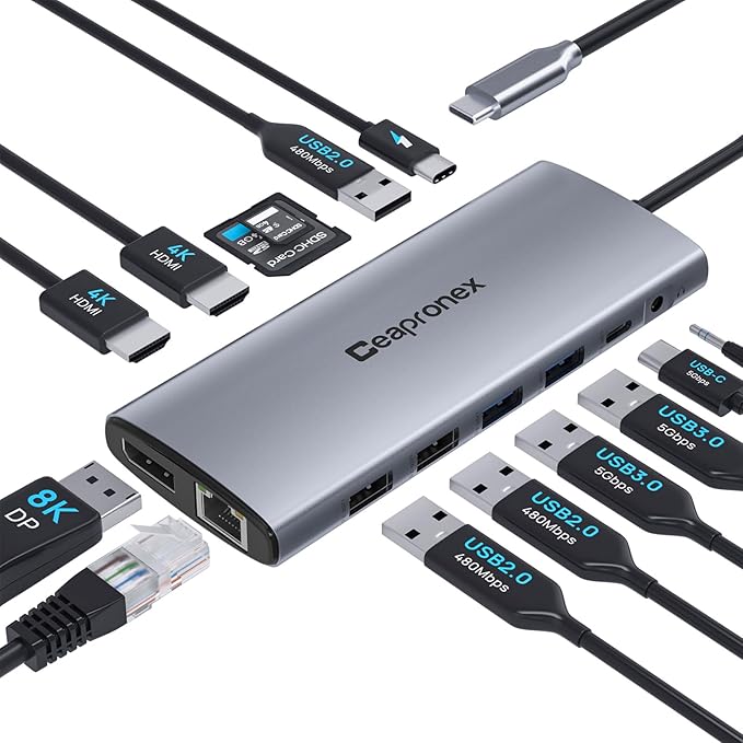 USB C Docking Station UBS C Hub for Laptop Dual Monitors 14 in 1 Multiport Dongle Dock with 2* HDMI +DP+USB C/A 100w PD+Ethernet+Data Transfer for MacBook/HP/Dell/Lenovo Thinkpad/iPad/Mac