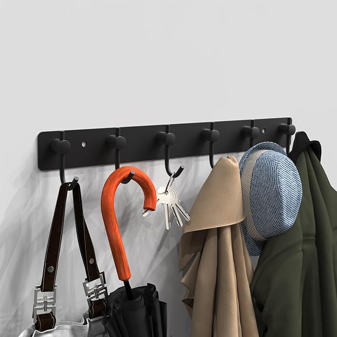 VAEHOLD Wall Hooks for Hanging, Black Coat Rack Wall Mount with 6 Coat Hooks, Towel Hanger, Hat Hooks, Robes Hook in Bathroom, Bedroom, Kitchen, Living Room (2 Pack)