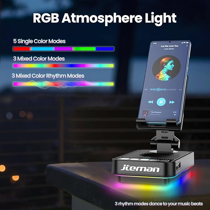 JTEMAN Gifts for Men Women Phone Stand Bluetooth Speaker with Light and Power Bank, 360 Rotating Phone Holder Cool Tech Gifts for Dad Mom Husband Unique Birthday Gift Ideas