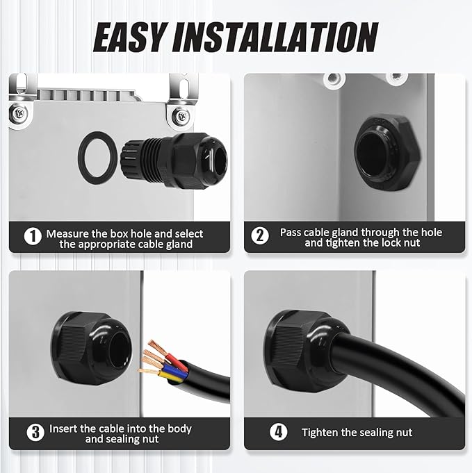 12 Pcs 3/4" NPT Nylon Cable Glands, Black Strain Relief Cable Cord Connector IP68 Waterproof Junction Box Wire Protectors Adjustable for 13-18mm Cable Diameter
