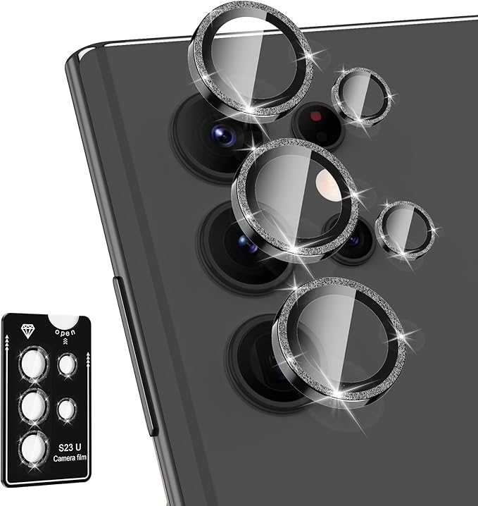for Samsung Galaxy S22 Ultra Camera Lens Protector, Individual Metal Ring Tempered Glass Lens Cover, [Strong Adsorption] Scratch Resistant Ultra-Thin HD Clear Lens Cover, 1 Set-Black Sparkly