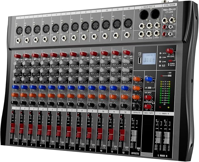 Professional DJ Audio Mixer, 12 Channel Audio Mixer, Bluetooth Sound Mixer, USB Interface, 12 XLR Mic/Line Input, AUX, FX Processor MP3, Headphone,+48V Phantom For Karaoke Studio Streaming Recording