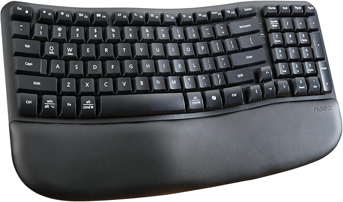 Nulea RT08 Wave Keys Wireless Ergonomic Keyboard with Cushioned Palm Rest, 2.4GHz Ergo Cordless USB Computer Keyboard, Comfortable Natural Typing, for Laptop, Mac, Windows Black