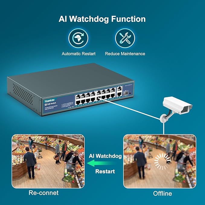 YuanLey 16 Port PoE Switch with 2 Gigabit Ethernet Uplink, 1 SFP Port, 250W PoE+ Port Support 802.3af/at, Unmanaged Network Switch with AI Watchdog, VLAN, 6KV Protection, Rackmount Plug and Play