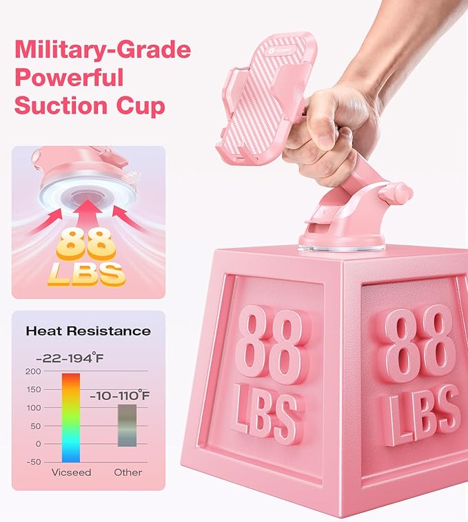 VICSEED Pink Phone Holder for Your Car [Sturdy & Durable] [Powerful Suction] Dashboard Windshield Air Vent Car Phone Holder Hands Free Phone Mount for Car for iPhone Android, Pink Car Accessories
