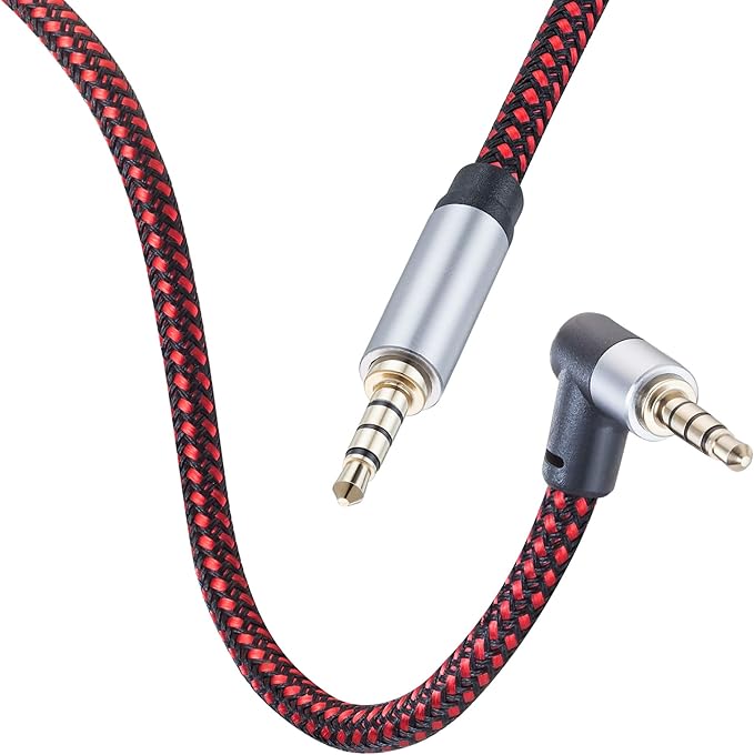 Male to Male Audio Cable 6Ft, 90 Degree TRRS 3.5mm 4 Pole Nylon Braided Stereo Aux Cable for Headphones, PS4, Phone, Tablet, Headset, PC, Laptop and More
