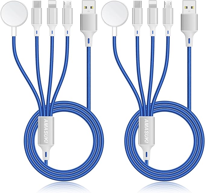 2Pack Travel Essentials Multi Charging Cable for Watch Charger 4 in 1 Fast Charger Camping Essentials USB C/L/Micro Compatible with Watch Series 10-1/SE/Ultra Phone 16 15/Galaxy Android-4FT/Blue
