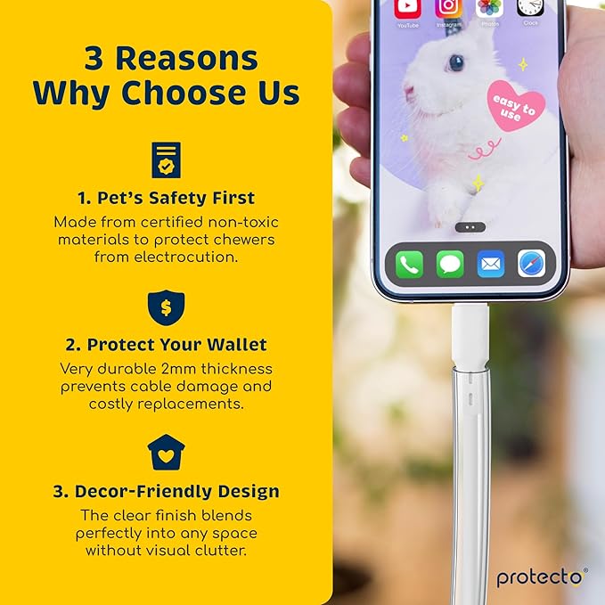 PROTECTO 2-Pack Heavy Duty Cord Protectors from Pets No Chew Solution, 7ft Easy to Use Dog & Cat Cord Protector, Clear & Odorless Critter Cord Covers for Pets, Power Audio Video Wire Protector Tubing