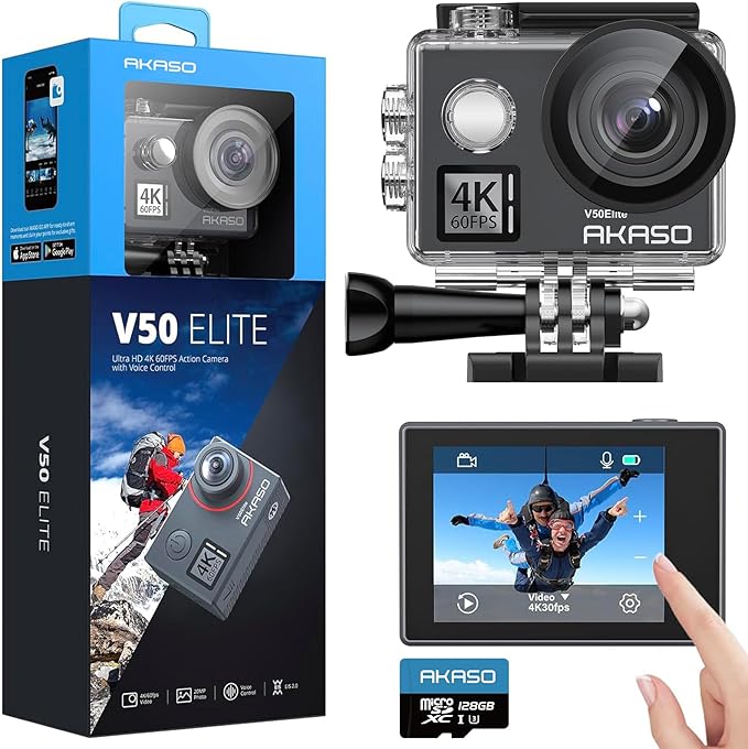 AKASO V50 Elite 4K60fps Action Camera with 128GB MicroSDXC U3 Memory Card Accessories Kit Bundle Voice Control EIS 131 feet Waterproof Camera 8X Zoom Remote Control