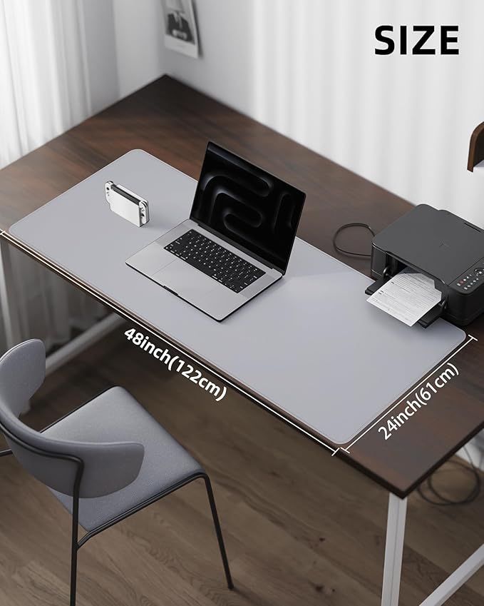 Leather Desk Pad Protector-48 x 24" Computer Desk Mat, Large Mouse Pad, Non-Slip Desk Pad, Waterproof PU Leather Desk Blotter Mat, Desk Cover Mat for Office and Home (Light Grey)