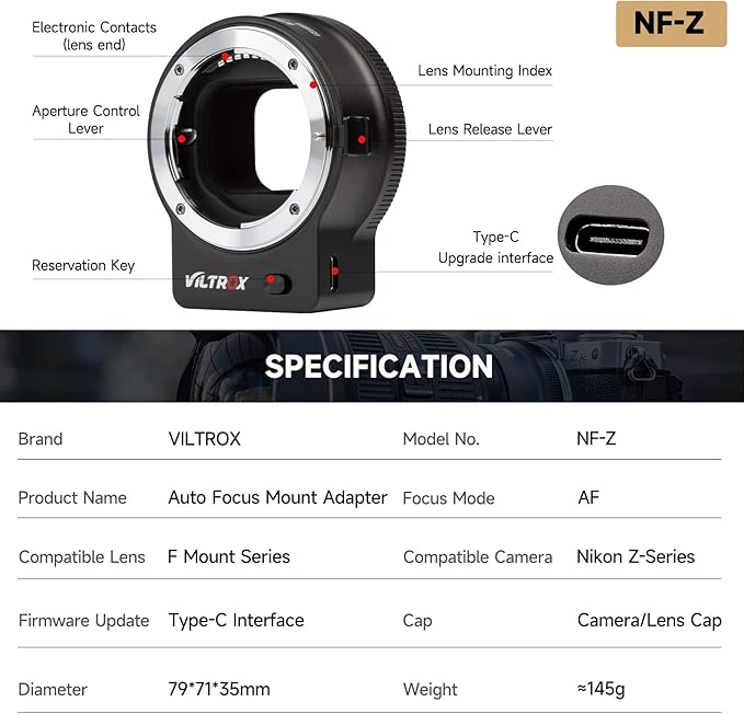 VILTROX NF-Z FTZ Lens Adapter Auto Focus Ring Mount Adapter Lens Converter Compatible for Nikon F Lens to Nikon Z Mount Camera Z5 Z50 Z6 Z6II Z7II Zfc, EXIF Transmission VR Lens Stabilization Support