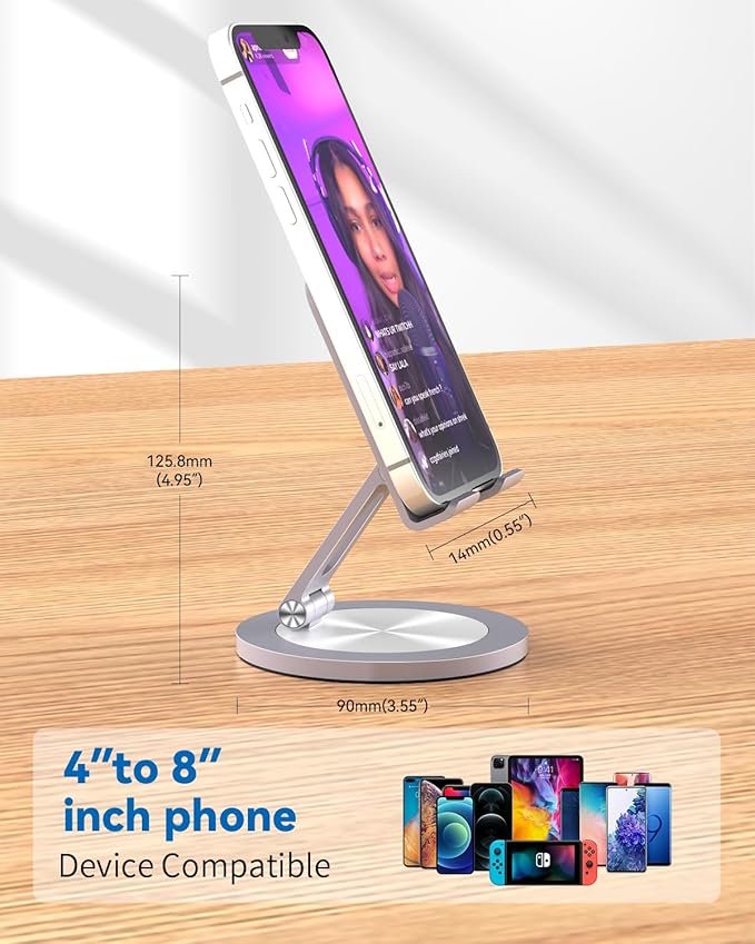 360 Rotating Phone Stand for Desk, Dual-Adjustable Foldable Aluminum Desktop Phone Holder Compatible with iPhone 16 15 14 13 12 11 Series, iPad-Mini, 4-8" All Phones (Grey)
