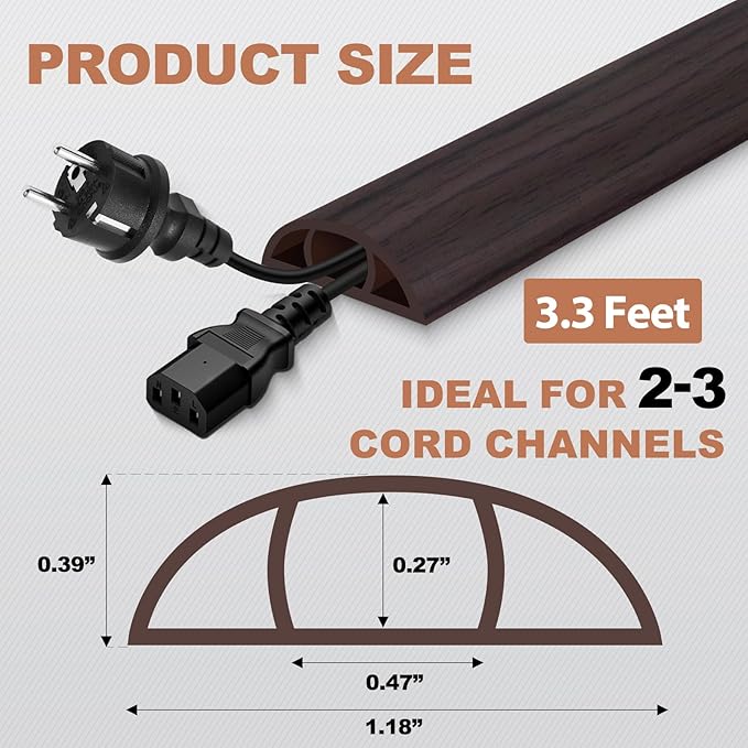 Floor Cord Cover for Wires on Floor Self Adhesive Cord Hider Floor Cable Management Wire Covers for Cords Protector Prevent Cable Trips Cord Cavity W 0.47" x H 0.27", Black Walnut, 3.3Ft