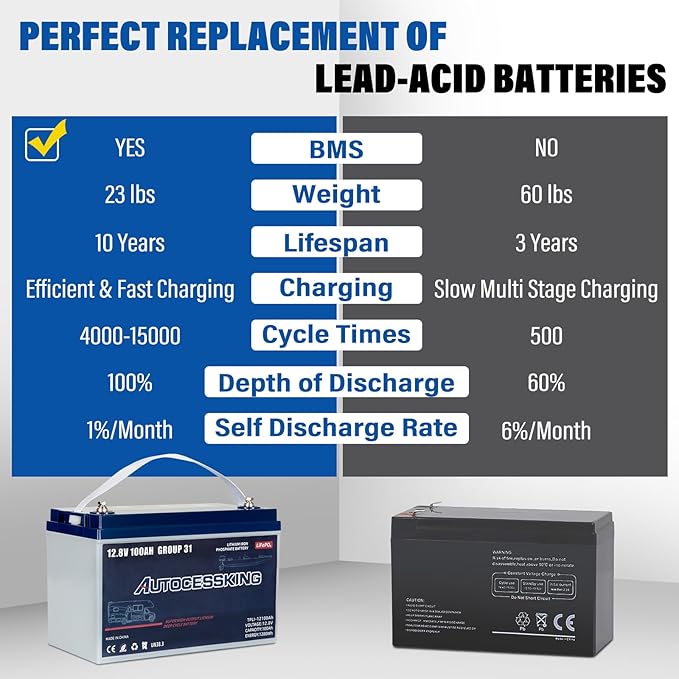 12V 100Ah BCI Group 31 LiFePO4 Battery, 100A BMS Rechargeable Lithium Battery with Low-Temp Protection, Up to 15000 Cycles Perfect for RV, Camping, Solar, Off-Grid and Boat