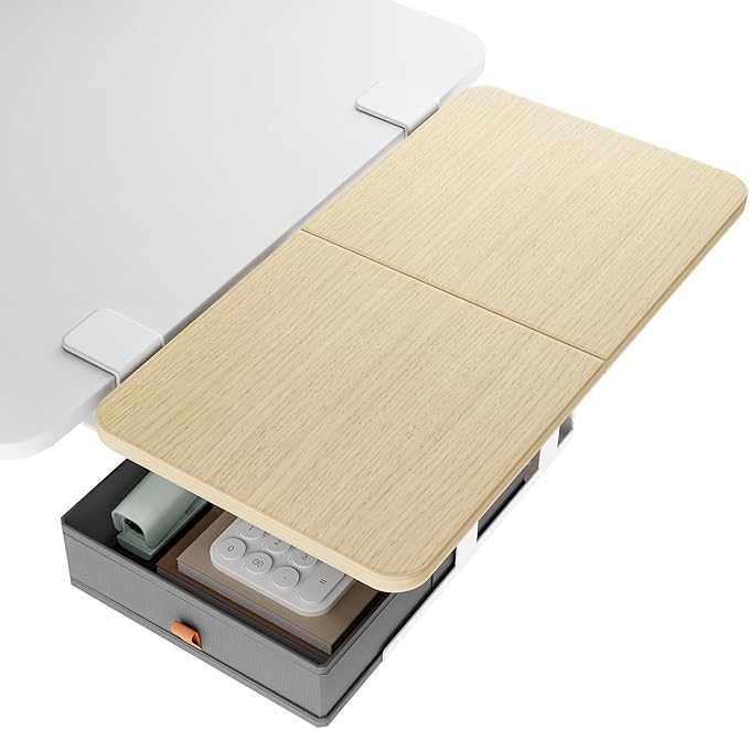 Desk Extender Tray, 24" x 12" Clamp On Desk Shelf, Desk Extension with Storage Drawer, Table Desk Arm Rest, Clamp On Keyboard Tray for Office and Home, Workstation Organizer, Medium, Wood