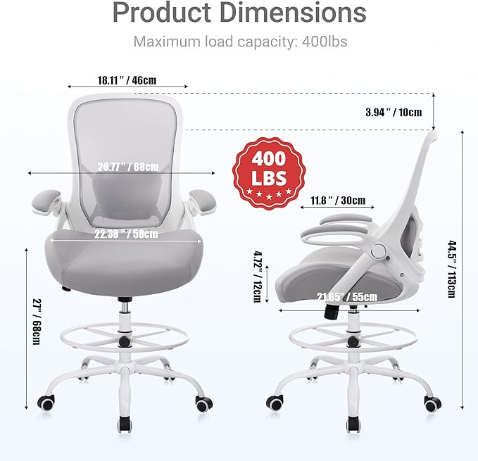 HYLONE 400lbs Heavy Duty Drafting Chair 5" Thickened Seat Office Chair with Flip-Up Armrests Tall Ergonomic Computer Chair with Lumbar Support and Adjustable Footrest Ring Standing Desk Chair (Grey)