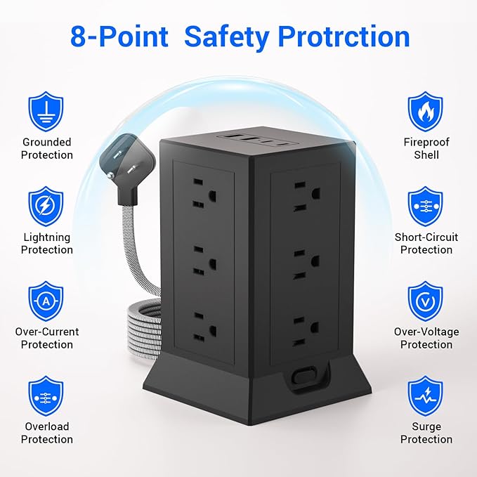 Power Strip Tower with Multiple Outlets, 10 Ft Extension Cord Flat Plug with 12 AC Outlets 4 USB Ports (2 USB C), Power Tower Surge Protector with Individual Switches for Home Office Dorm Room, Black