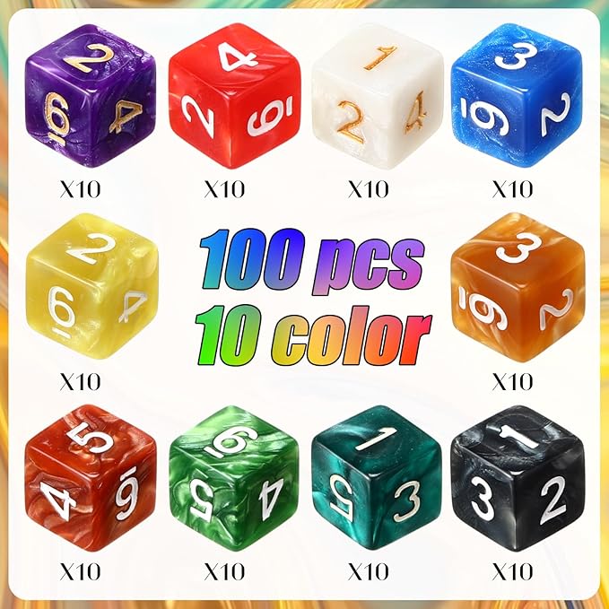 Poen 100 Pcs 16mm Dice Set Bulk, 6 Sided Standard Colored Dices with Numbers, D6 Polyhedral Games Dice for Board Games, Parties (Classic Color)