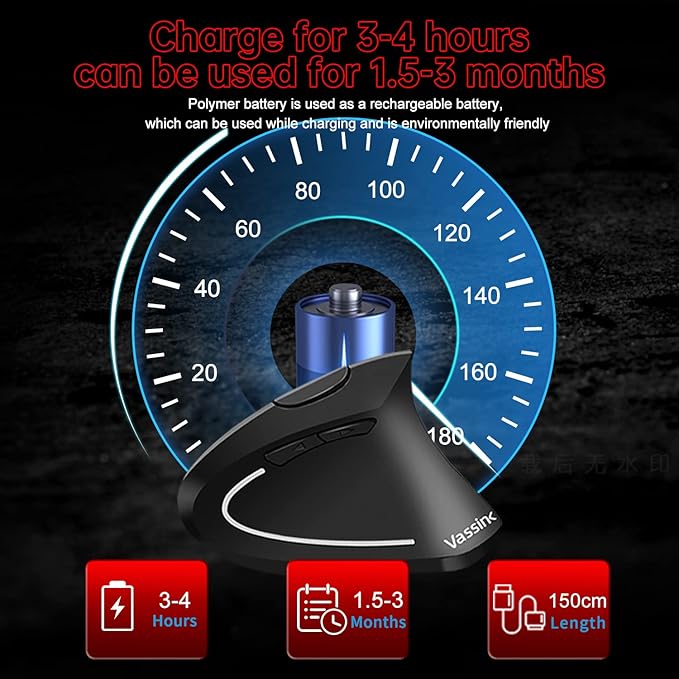 Vassink Ergonomic Mouse, Rechargeable Wireless Mouse, 2.4GHz Rechargeable Wireless Vertical Optical Mice with USB Receiver, 6 Buttons for Laptop, PC, Computer Black