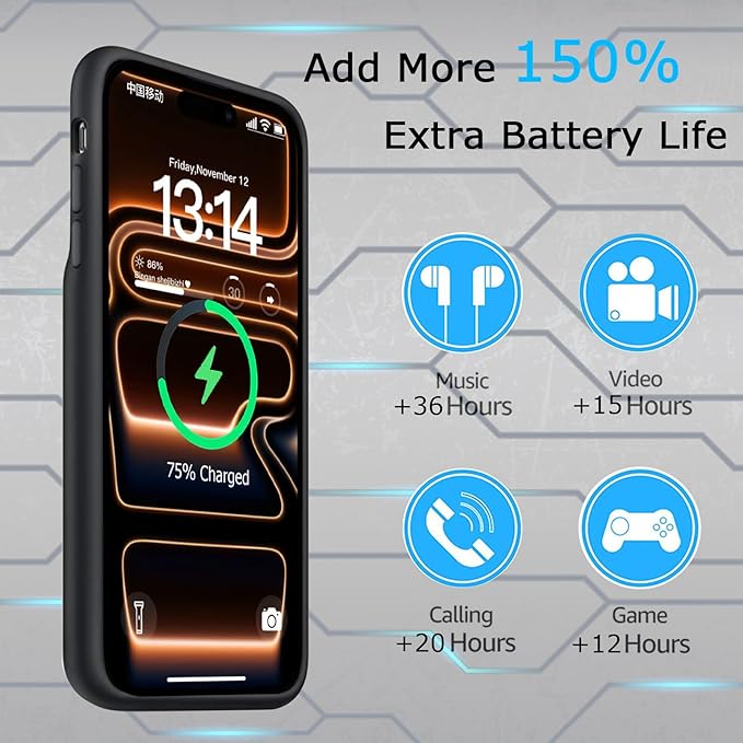 Battery Case for iPhone 17 Pro, Upgraded 10000mAh Rechargeable Portable Extended Battery Pack Supported Qi Wireless Charging Case Compatible with iPhone 17 Pro (6.3 inch) Charger Power Bank (Black)