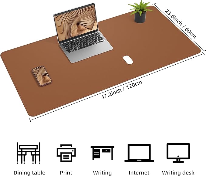 Leather Desk pad Protector, Large Desk mat with Natural Cork & PU Leather,Mouse pad,Non-Slip Office Desk Mat,Waterproof Desk Writing Pad for Office and Home (47in*23.7in, Brown)