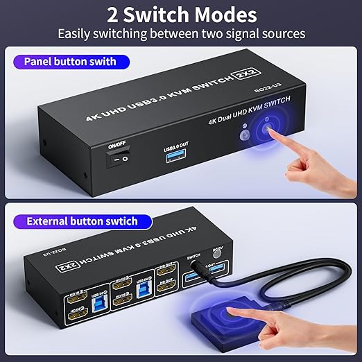 HDMI KVM Switch 2 Monitors 2 Computers 4K@60Hz USB 3.0 KVM Switcher Share Dual Monitor Extended Copy Display and 3 USB Devices Keyboard Mouse
