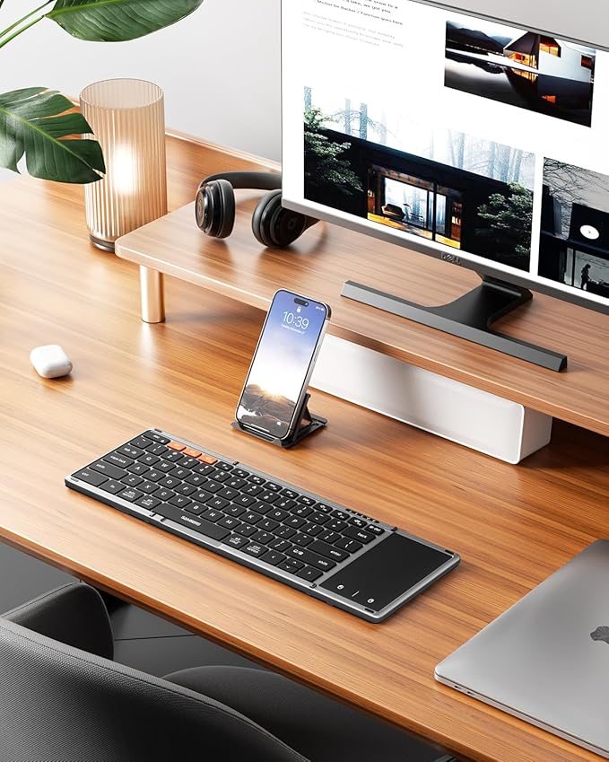Samsers Foldable Bluetooth Keyboard with Touchpad, Full-Size Wireless Folding Key Board with PU Leather, Portable Travel for iOS Android Windows Mac OS, Support 3 Devices (BT5.1 x 3)
