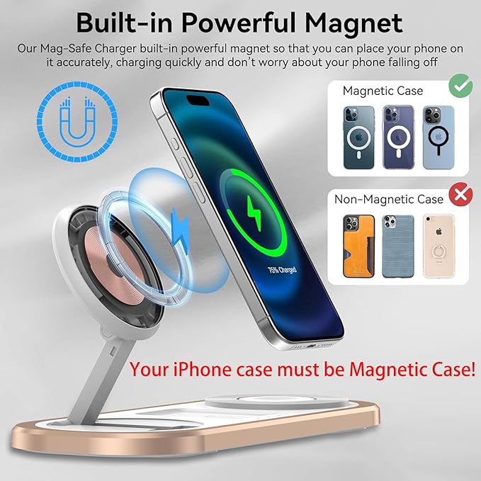 3 in 1 Fast Wireless Charger Stand for iPhone, Foldable Travel Charging Station for Magsafe for iPhone 17/Air/16/15/14/13/12 Series, Apple Watch Series, AirPods pro/2/3/4, Gifts for Women Men (Golden)