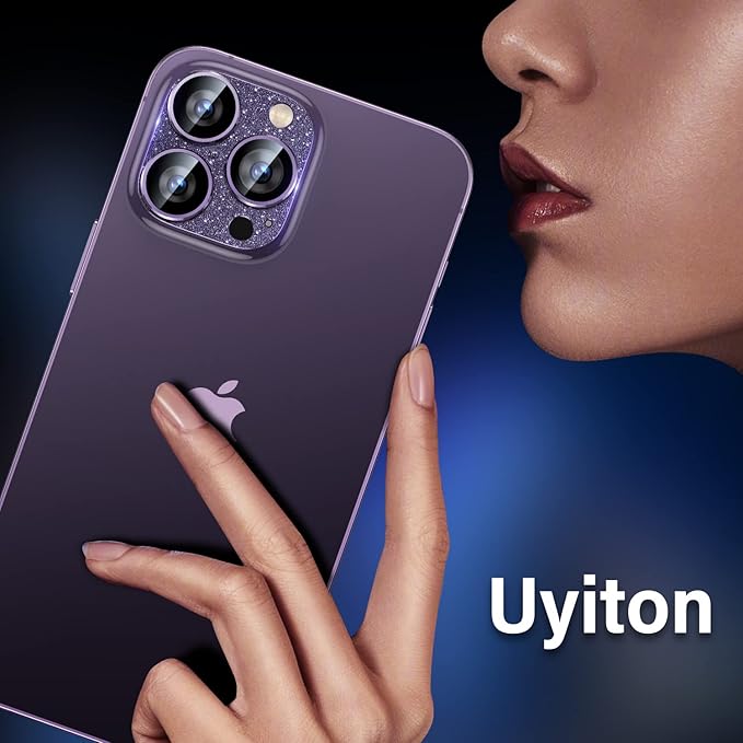 Uyiton for iPhone 14 Pro/iPhone 14 Pro Max Camera Lens Protector, [Drop Protection] 9H Tempered Glass Camera Cover screen Metal Ring Case Friendly Scratch Resistant Easy to Install - Glitter Purple